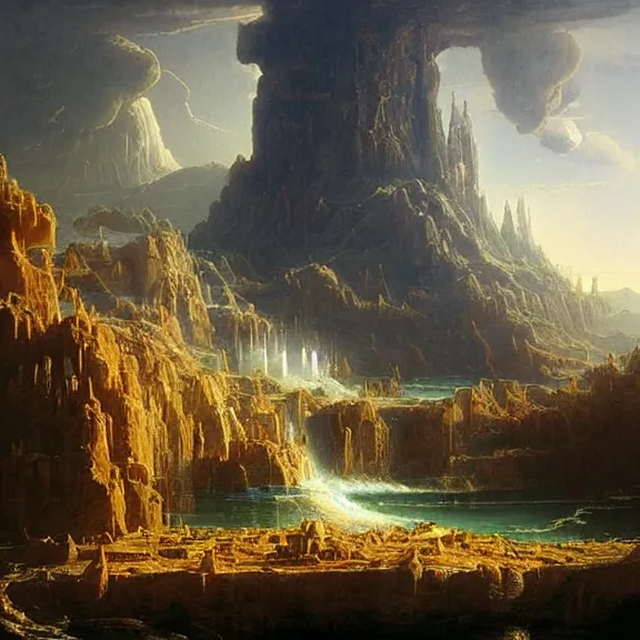 Image similar to “Flan, science fiction matte painting, highly detailed, Thomas Cole”