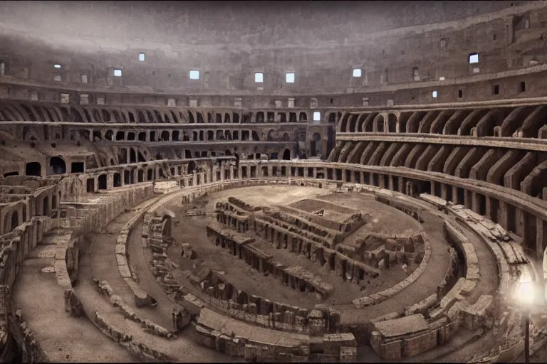 Prompt: Colosseum interior in the 1700s with two fighters in the middle and crowds cheering in Yemen, light fixtures. unreal engine. 8K. detailed. photorealism. artstation. digital render. ultra realistic