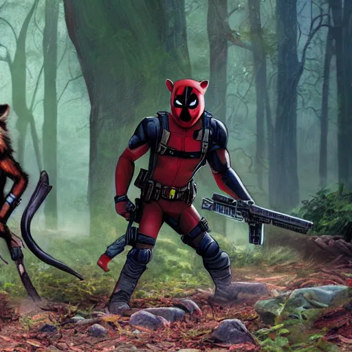 Prompt: rocket raccoon and deadpool in the woods digital art 4 k detailed super realistic