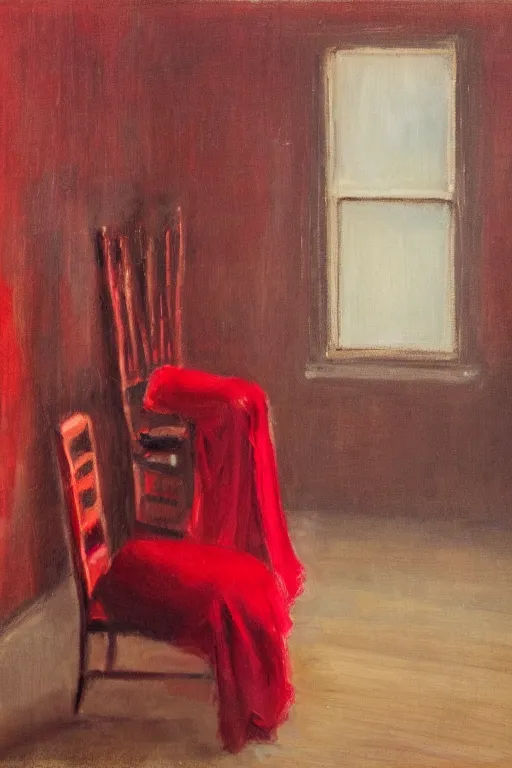 Image similar to an empty red dress laid across a chair in a dark victorian era room. in the style of american impressionism painting.