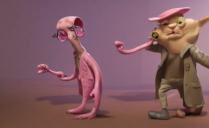 Image similar to a slimy pink ocelot that looks like an investigator, wearing a long beige trench coat, in the style of Pixar, CGI, octane render, trending on artstation, 8K