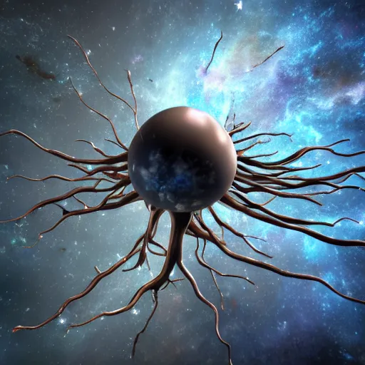 Prompt: neuron made of steel in space with hubble background, vray, 5 5 mm