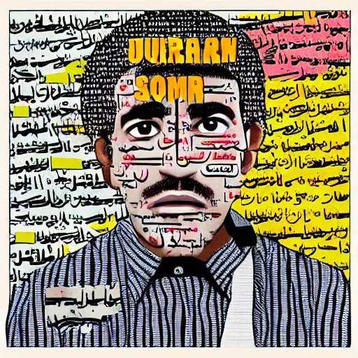 Image similar to omar souleyman in the style of daniel johnston and outsider art, collage with arabic advert text, 4k