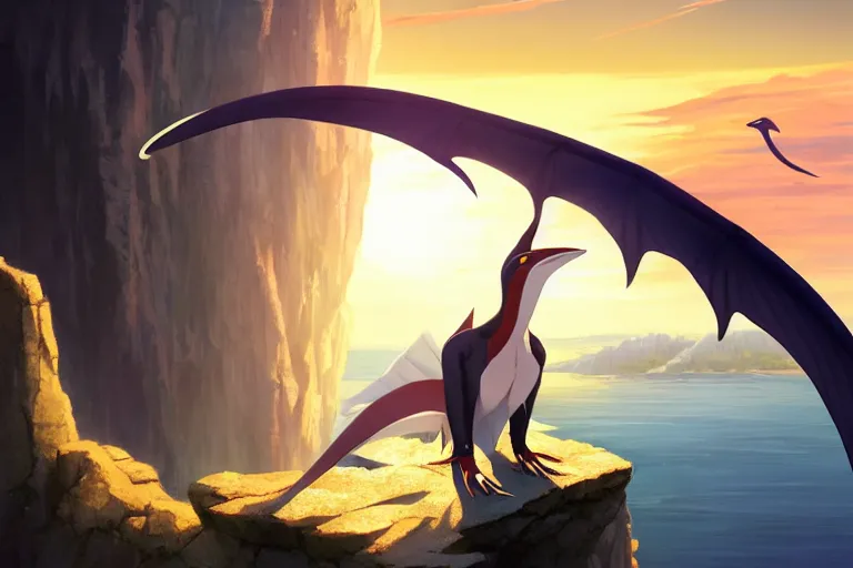 Image similar to a large smooth skinned white creature hybrid pterosaur, small quills along it's back, long fangs, sitting on a cliff high in the sky, sunset, backlit, beautiful composition, by makoto shinkai an krenz cushart