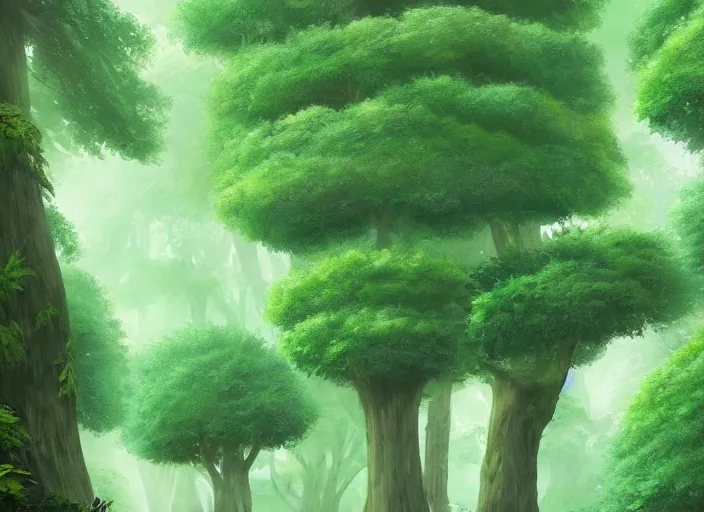 Image similar to A lush green forest by Ghibli Studio, digital art, immaculate scale