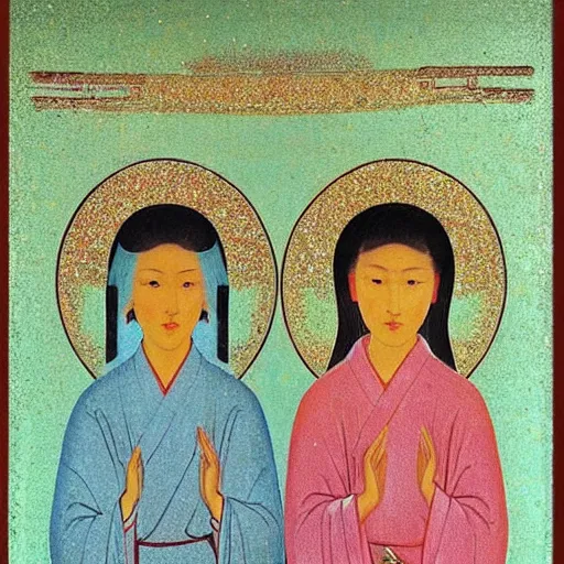 Prompt: portrait of 2 asian looking girls in iconography style andrei rublev glitter chinese ornament background