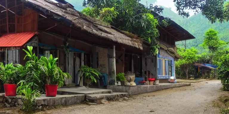 Prompt: a homestay place in Vietnam mountain area