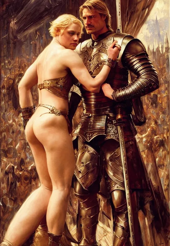 Prompt: attractive handsome muscly jaime lannister confesses his love for attractive fully armored brienne of tarth. highly detailed painting by gaston bussiere and j. c. leyendecker 8 k