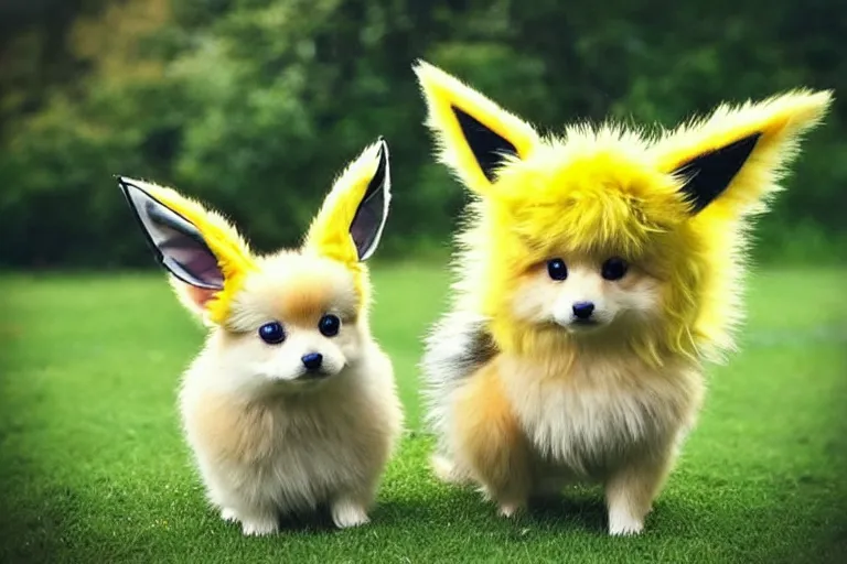 Image similar to real life jolteon pokemon, cute!!!, heroic!!!, adorable!!!, playful!!!, fluffly!!!, happy!!!, cheeky!!!, mischievous!!!, ultra realistic!!!, autumn, clear weather, ( golden hour ), sharp focus