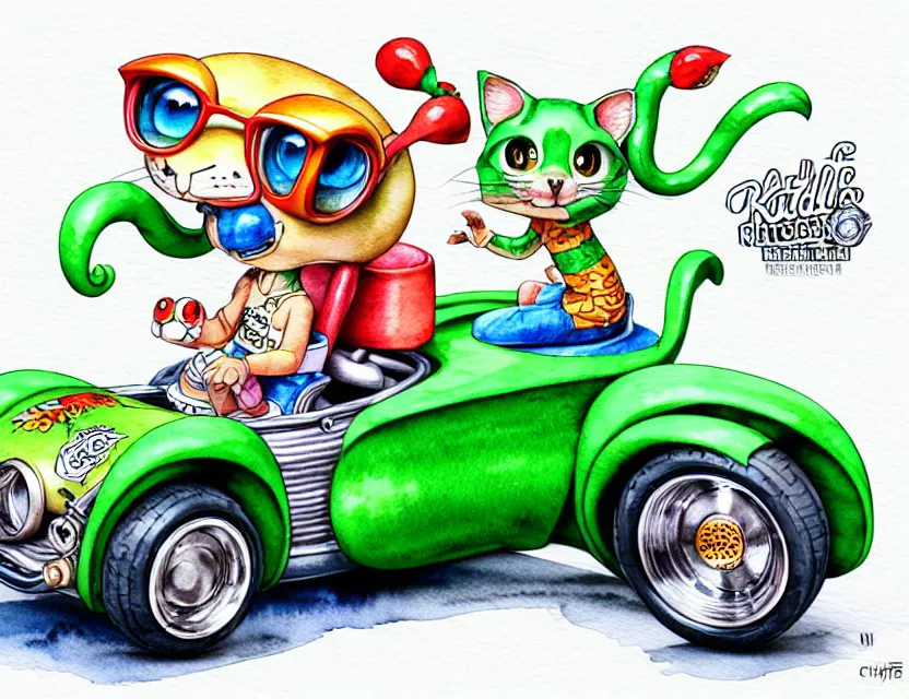 Image similar to cute and funny, margay riding in a tiny hot rod with engine, ratfink style by ed roth, centered award winning watercolor pen illustration, isometric illustration by chihiro iwasaki, edited by range murata, tiny details by artgerm and watercolor girl, symmetrically isometrically centered