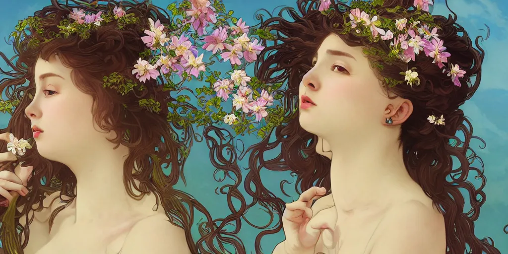 Prompt: a portrait of a very seductive young woman, hair full of gigantic flowers and tentacles, photoillustration, realistic, closeup, facing the camera, dramatic lighting, in the style of WLOP and Alphonse Mucha and Kim Deuk-sin