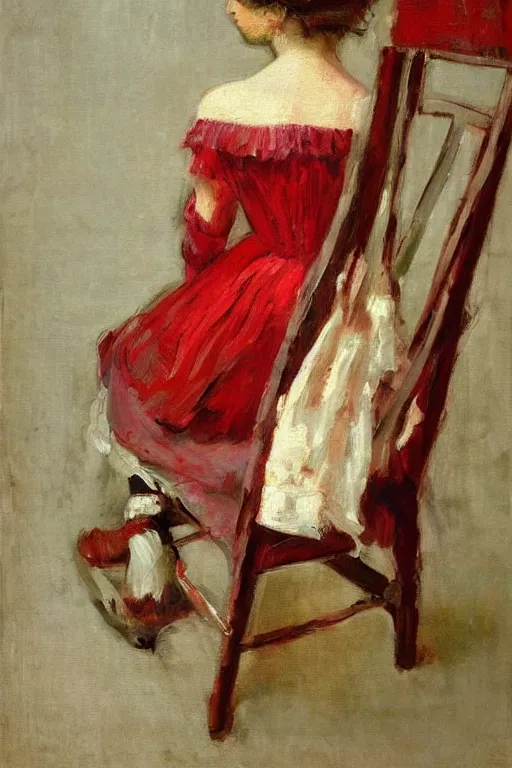 Image similar to a red dress folded over a chair. in the victorian era. in the style of american impressionism painting. triadic color scheme