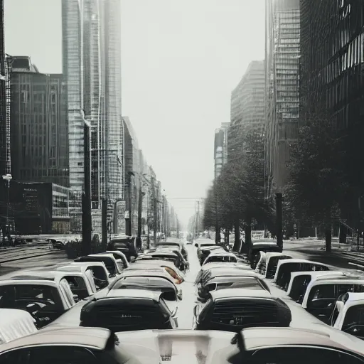 Prompt: a bunch of cars that are sitting in the street, a matte painting by niko henrichon, trending on unsplash, stuckism, cityscape, depth of field