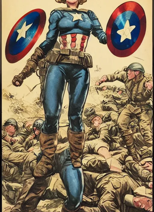 Image similar to beautiful female captain america standing on a pile of defeated german soldiers. feminist captain america wins wwii. american wwii propaganda poster by james gurney