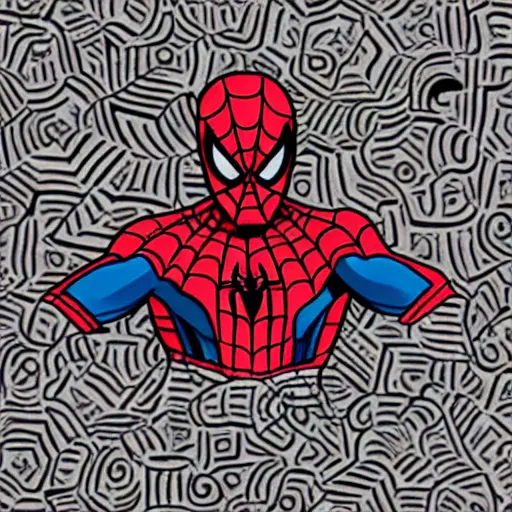 Prompt: spider - man lost in a labyrinth of pasta