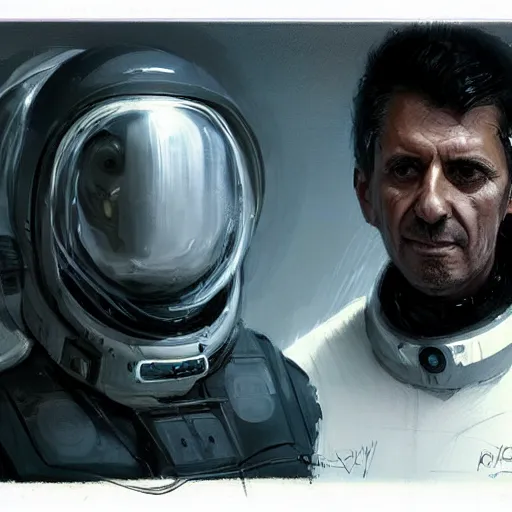 Image similar to Portrait of a man by Greg Rutkowski, he is about 50 years old, polish and persian mixture, messy black short hair, tall and slim, tired expression, respectable authority figure, he is wearing a futuristic space gear, highly detailed portrait, scifi, digital painting, artstation, concept art, smooth, sharp foccus ilustration, Artstation HQ.