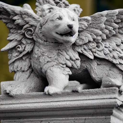 Image similar to corgi gargoyle with wings made of stone, uncropped, photography