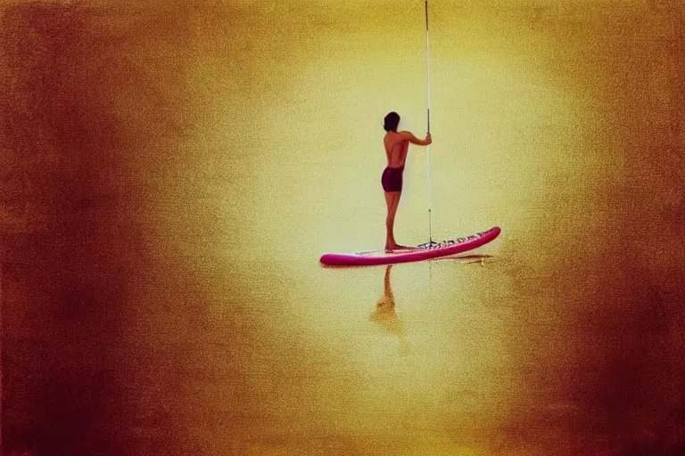 Prompt: beautiful serene person on a paddle board sup, healing through motion, life, minimalistic golden and ink airbrush painting on white background