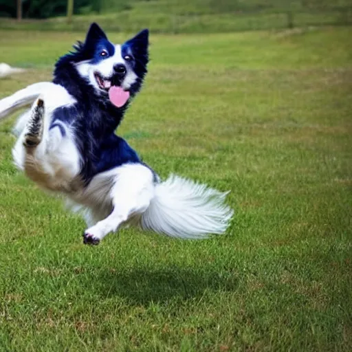 Prompt: a blue border collie jumping and catching a frisbee