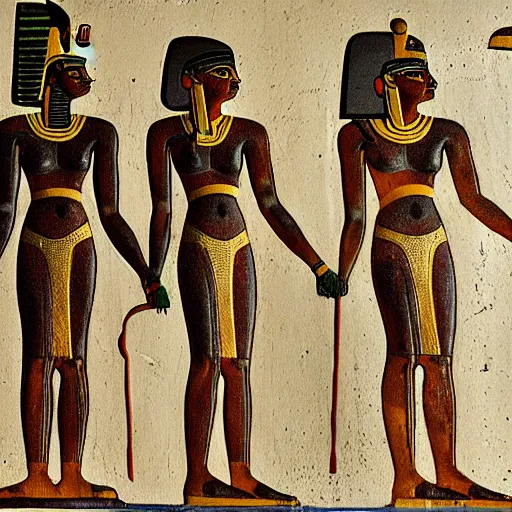 Prompt: ancient egyptian art featuring aliens robots cyborg