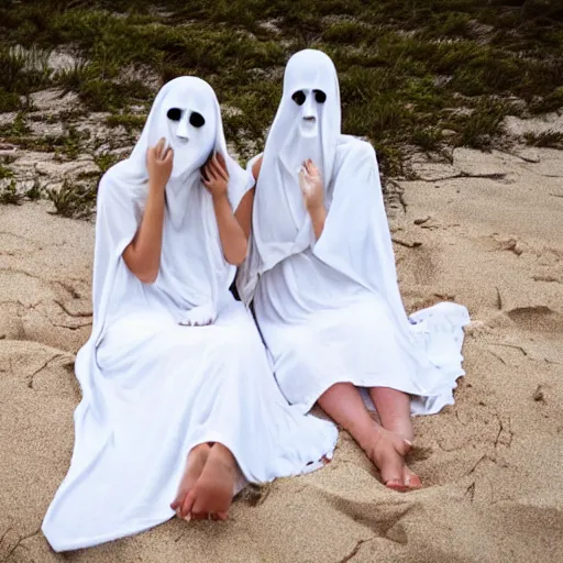 Image similar to two young ghost women wearing white dresses sitting on a blanket at a beach