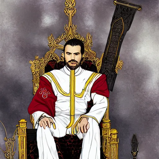 Prompt: modern self portrait of man sitting on throne, legs crossed, while holding a sword, white man, hispanic, brown hair, light skin, golden throne, red robes, 8 k, hi - rez, circles, lamented, clear, brown eyes, colored, sharp, illustrated by yoji shinkawa