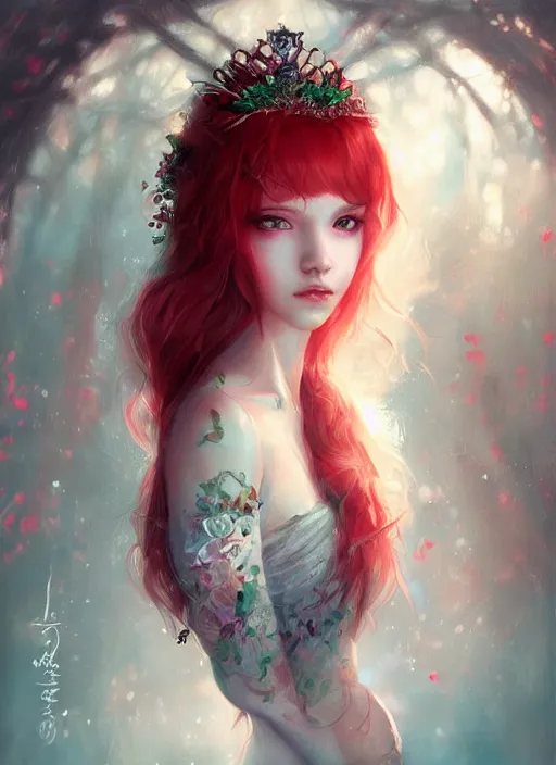 Image similar to a gorgeous flower princess portrait by WLOP, emerald green eyes, red hair, digital painting, beautiful lighting, ominous, cgsociety