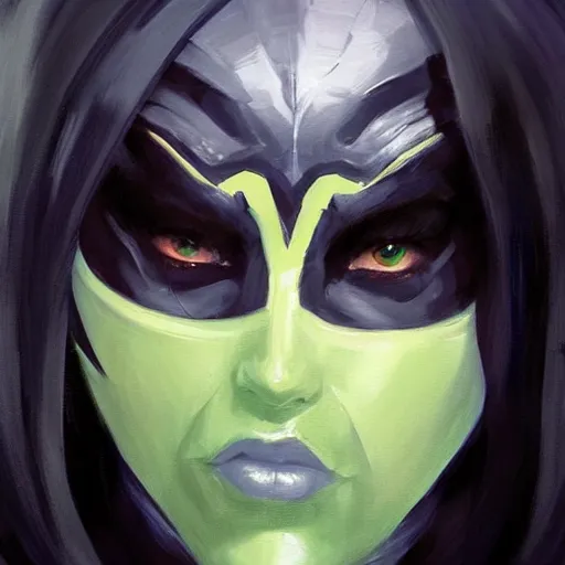 Image similar to greg manchess portrait painting of jade from mortal kombat a dark elf with glowing eyes wearing a mask covering her mouth as overwatch character, medium shot, asymmetrical, profile picture, organic painting, sunny day, matte painting, bold shapes, hard edges, street art, trending on artstation, by huang guangjian and gil elvgren and sachin teng