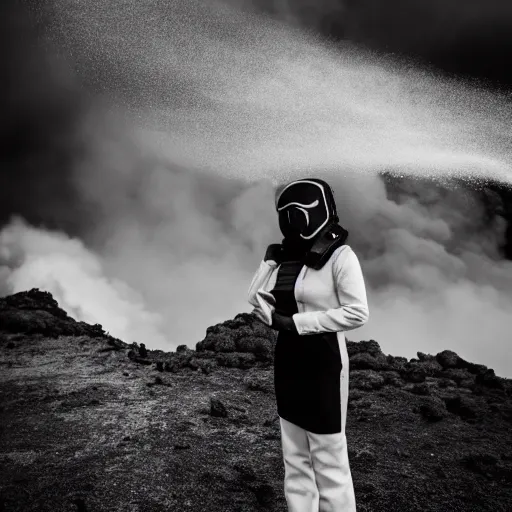 Prompt: agent woman with white suit, she wear gasmask, standing close to volcano, fire raining, professional photography, black and white, cinematic, eerie