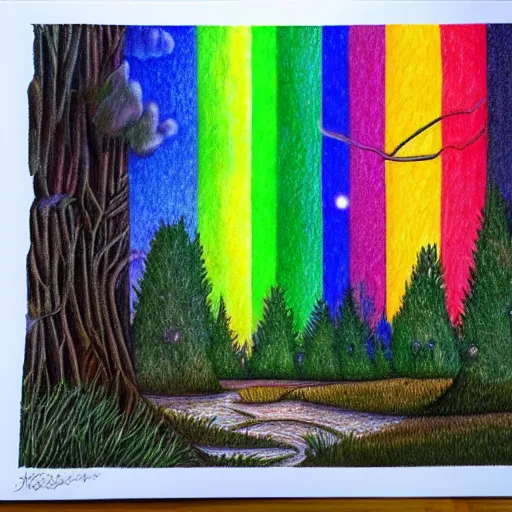 Image similar to Colored pencil art on paper, Rainbow created by moonlight at night in a forest, highly detailed, artstation, MasterPiece, Award-Winning, Caran d'Ache Luminance