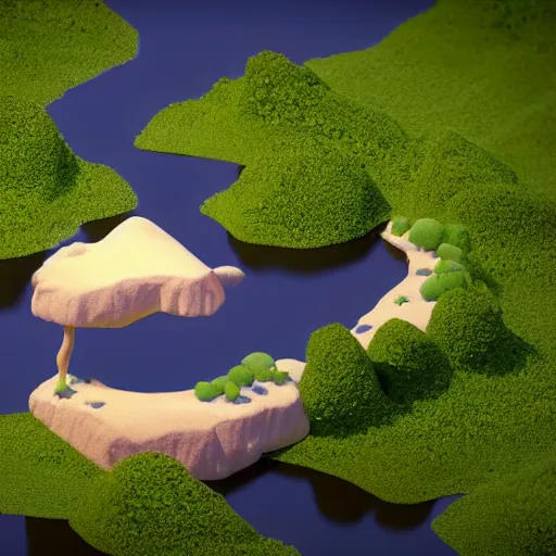 Prompt: a floating island with lake sorapis landscape isometric art, low poly art, game art, artstation, 3D render, high detail, cgsociety, octane render, sharp focus