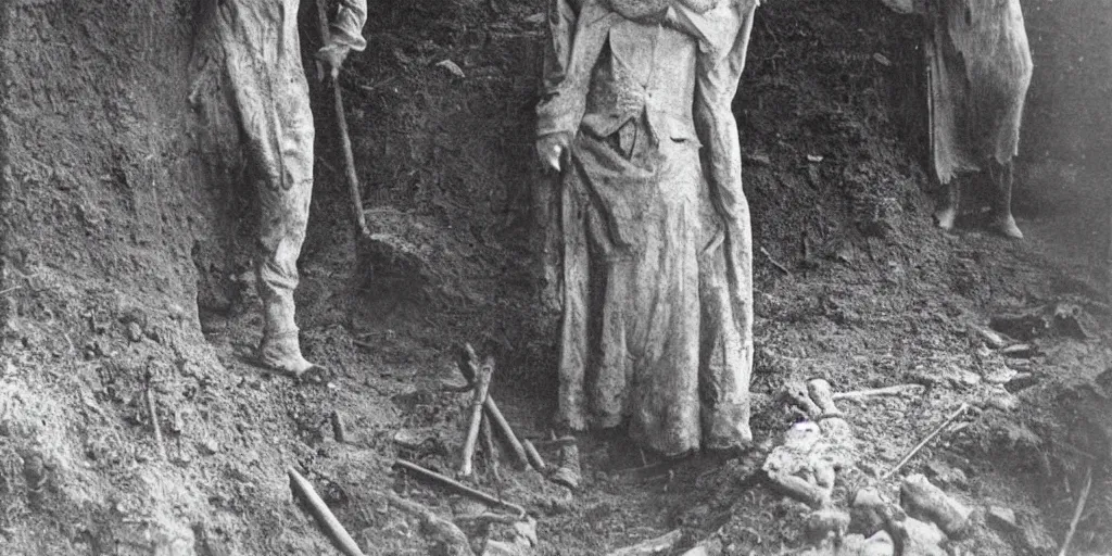 Image similar to scary unproportionable tall ghost creature in the middle of a trench, 1900s picture