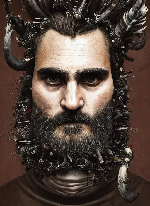 Prompt: a hyper detailed portrait of joaquin phoenix with a crown made of animals, cow horns, pig nose, sheep wool, chicken feather armor, horror, by anna podedworna, by miklos ligeti, by diego maricato, by taran fiddler, by antonino truisi, by chris reddie, by jinsung lim, trending on artstation