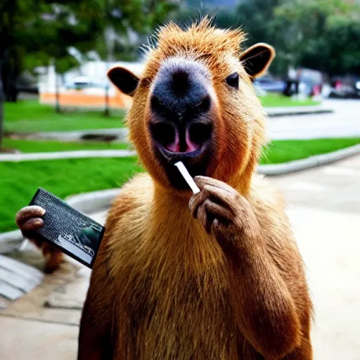 Image similar to an antropomorphic capybara wearing a suit smoking a cigar