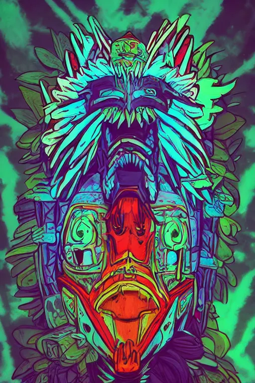 Image similar to totem animal tribal chaman vodoo mask feather gemstone plant wood rock video game illustration vivid color borderlands by josan gonzales and dan mumford radiating a glowing aura