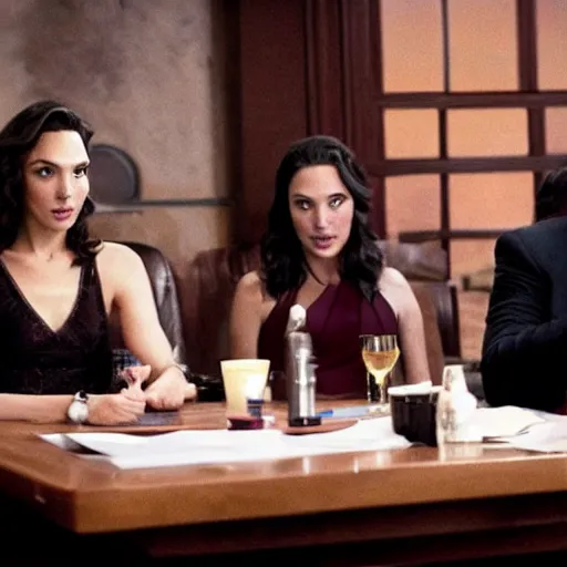 Image similar to still of gal gadot as female tony soprano in remake of the sopranos, in a meeting at the bada bing!,