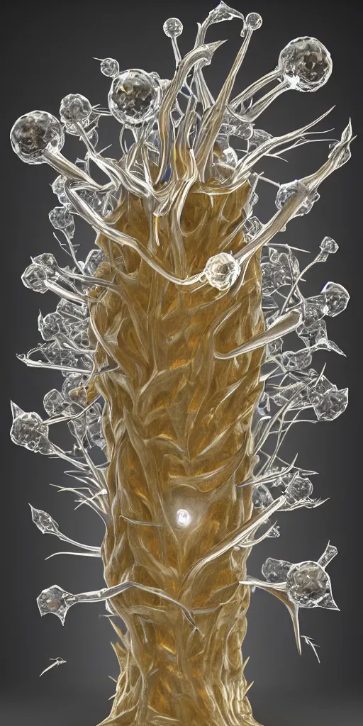 Image similar to 3 d render of a carved shibary crystal infected by mushroom, sculpture, with thorns, raytraced, volumetric lightning, 8 k, by zhelong xu, ouchh, erst haeckel