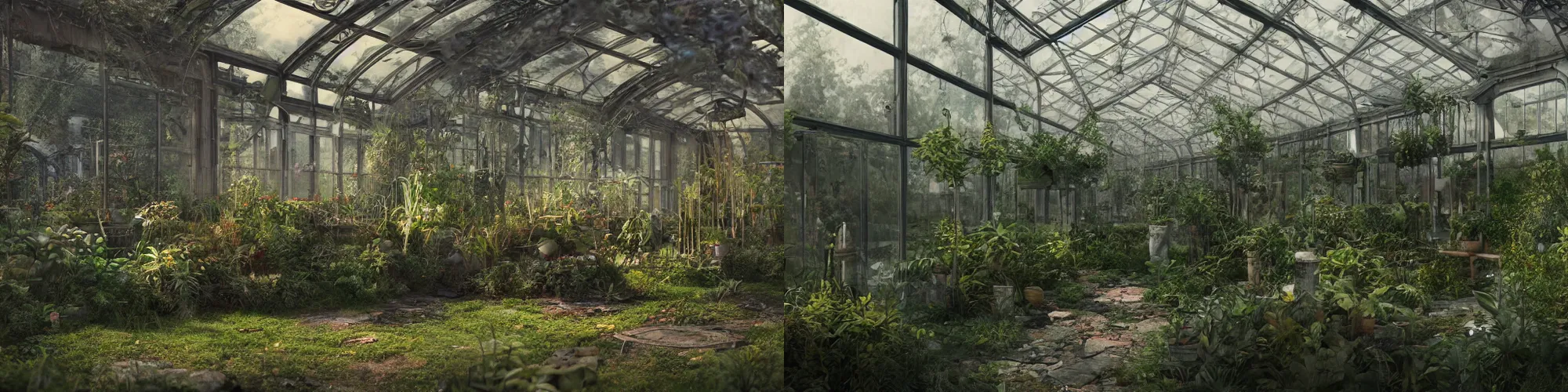 Prompt: a dimly lit abandoned liminal greenhouse grown hazy overtime and overgrown with neglected plants, unreal render, 4k, octane, concept art, trending on artstation