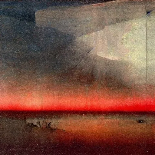 Image similar to the epic abstract painting'blue arctic void with black and red aurora borealis above a tiny inuit village ', by caspar david friedrich!!!, by rothko!!!, stunning masterpiece, trending on artstation