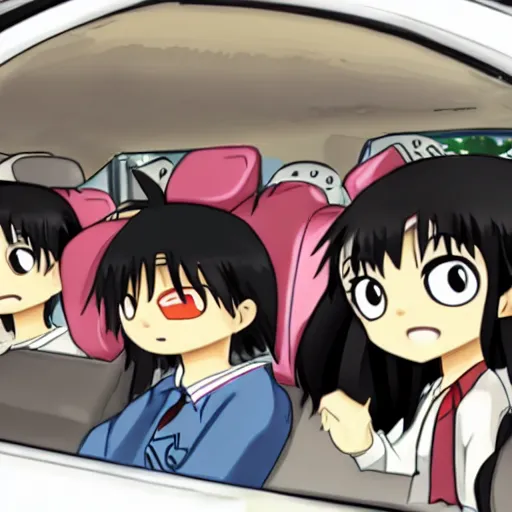 Prompt: Characters from Azumanga Daioh driving a car
