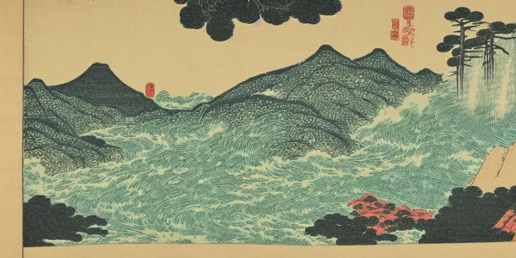 Image similar to A Korean woodblock print of mountains, two waterfalls and a roaring river