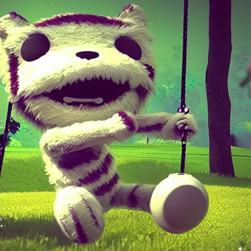 Image similar to a still from the game Little Big Planet, of a cute furry striped white-colored monster, enjoying while sitting on a swing in the middle of a park, facing towards the camera, dramatic lighting, by Victor Hugo, octane render, unreal engine, eye detailing, full-shot, very, very, very, very cute photo