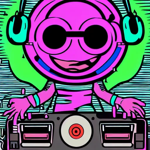 Image similar to svg sticker of a Pop-Wonder Alien-Bog-Monster-Swamp-Rat-Thunder-Coot-Racing-Fan at a rave, spinning records, giant headphones rocking out, wearing headphones, huge speakers, dancing, rave, DJ, spinning records, digital art, amazing composition, rule-of-thirds, award-winning, trending on artstation, featured on deviantart