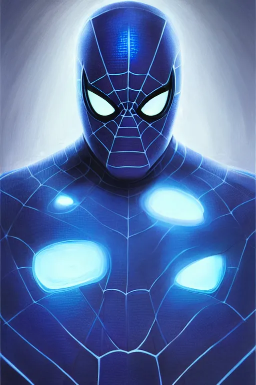 Image similar to elon musk as a blue suit spider man, realistic portrait, symmetrical, highly detailed, digital painting, artstation, concept art, smooth, sharp focus, illustration, cinematic lighting, art by artgerm and greg rutkowski and alphonse mucha