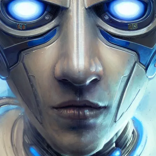 Image similar to robot with glowing blue eye as a realistic scifi cyberpunk knight, closeup portrait art by donato giancola and greg rutkowski, realistic face, digital art, trending on artstation, symmetry!!!