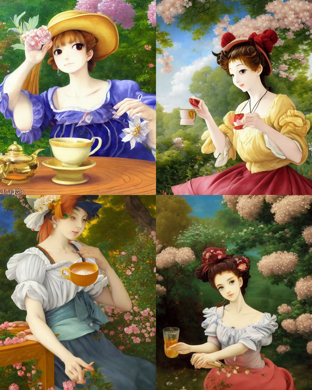 Prompt: oil painting of elegantly dressed touhou character drinking tea in a dreamy garden, beautiful symmetrical face and body, rule of thirds, golden ratio, oil on canvas, highly detailed, warm color scheme art rendition, soft lighting, sharp focus, unique art rendition by adelaide labille - guiard, artemisia gentileschi in high quality anime artstyle