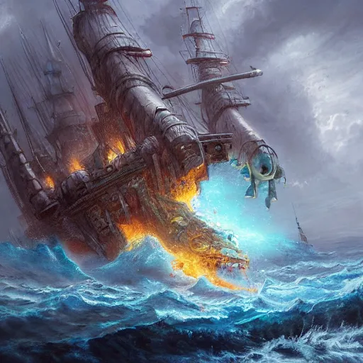 Image similar to a ship being destroyed by a sea monster, detailed, realistic, masterpiece, trending on ArtStation, by Tony Sart