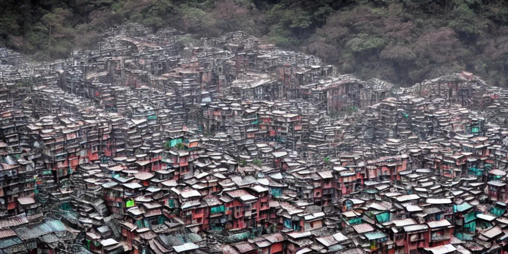 Image similar to Kowloon Walled City in the walls of glacial cavern, snowing, favela, slum