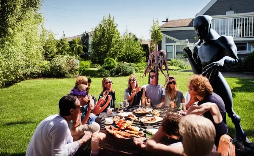Image similar to a group of friends having a bbq with an alien at the backgardenof a detroit house