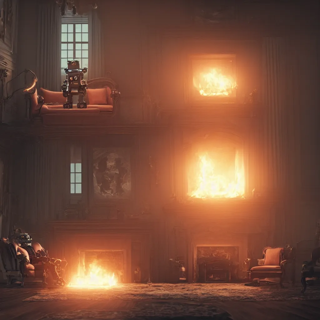 Image similar to Lonely and depressed complex robot monster sitting on a couch in front of a large fireplace in a Victorian home in the future. octane render, extremely detailed, 10000K color temperature cinematic lighting, 8k, lens flare, cinematic movie photograph, closeup portrait, trending on artstation, cgsociety, award-winning art, excellent composition, by Andree Wallins.